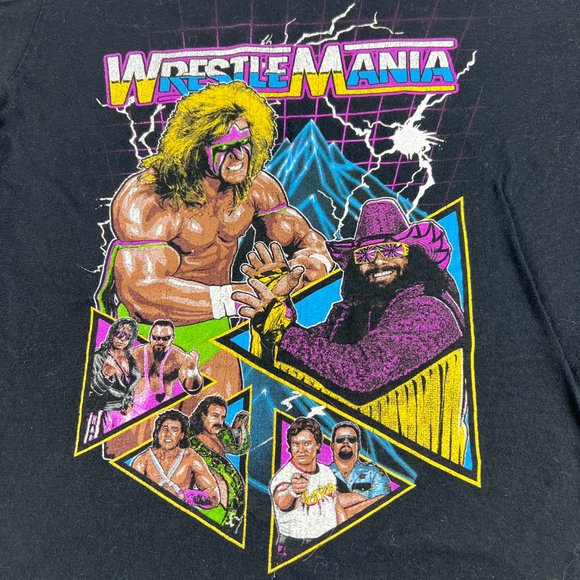 WWE Mad Engine Wrestle Mania Ultimate Warrior Vs Macho Man Medium Black Tee - Picture 2 of 12